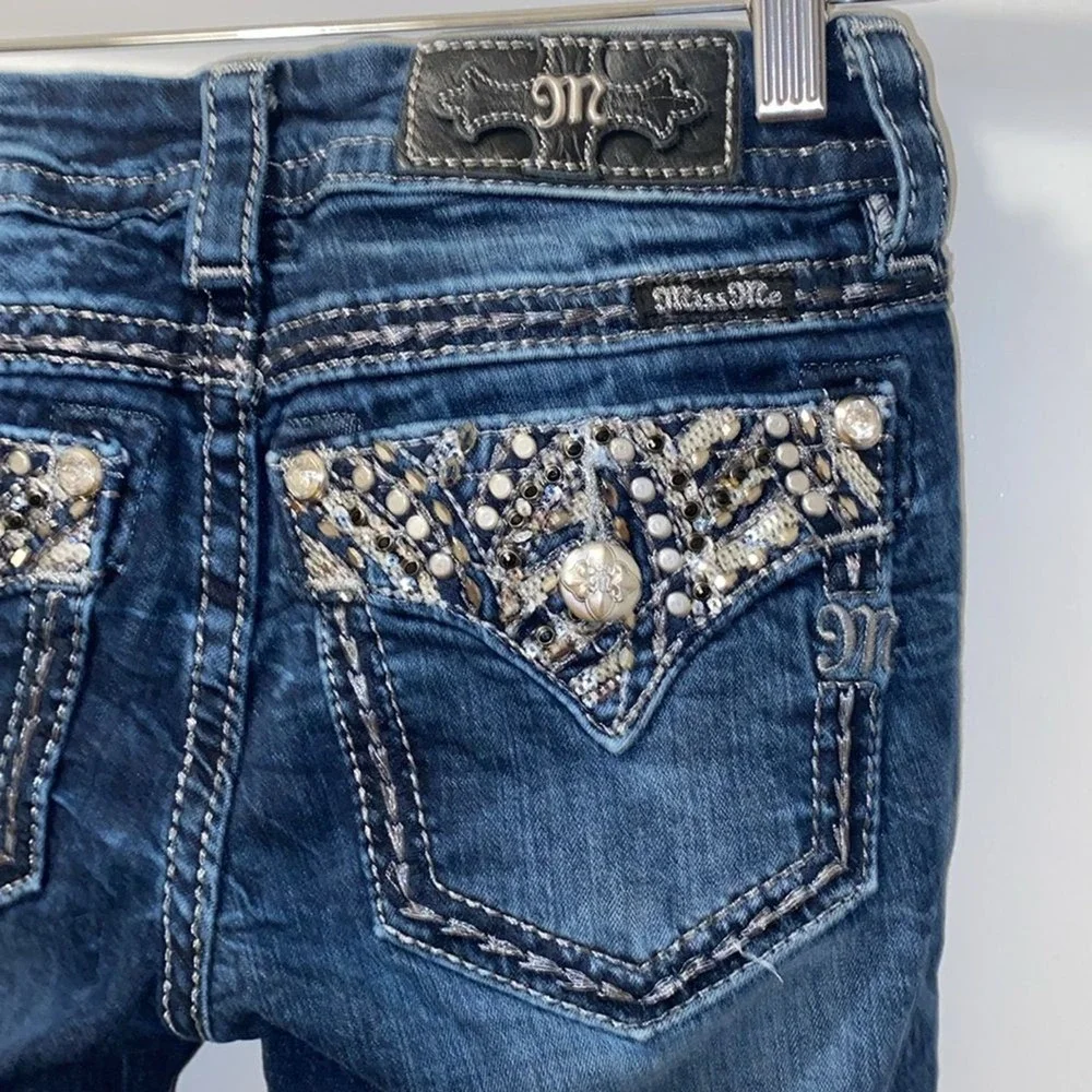 Miss‎ Me Dark Wash Signature Skinny Distressed Shiny Stitched Jeans 25